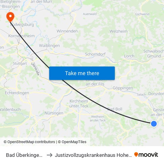 Bad Überkingen Bad to Justizvollzugskrankenhaus Hohenasperg map