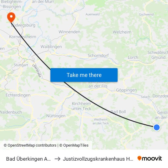 Bad Überkingen Autalhalle to Justizvollzugskrankenhaus Hohenasperg map