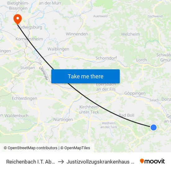 Reichenbach I.T. Abzw. B466 to Justizvollzugskrankenhaus Hohenasperg map