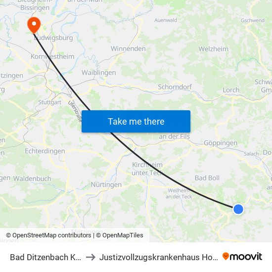 Bad Ditzenbach Kurklinik to Justizvollzugskrankenhaus Hohenasperg map