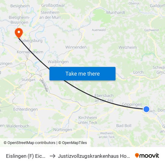 Eislingen (F) Eichenhof to Justizvollzugskrankenhaus Hohenasperg map