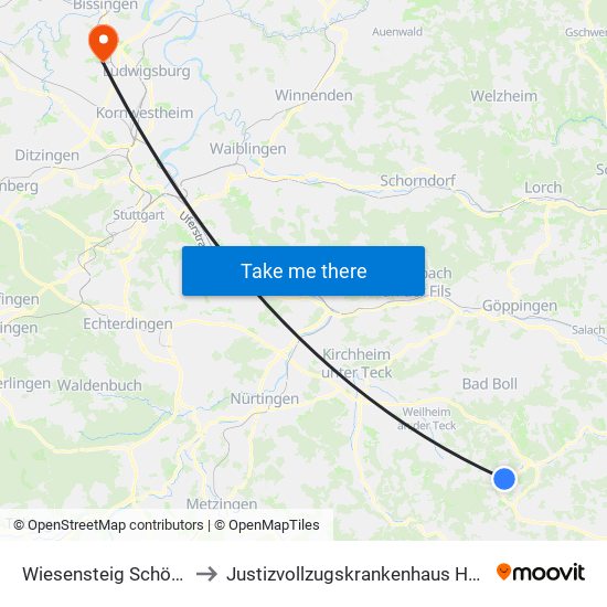 Wiesensteig Schöntalweg to Justizvollzugskrankenhaus Hohenasperg map