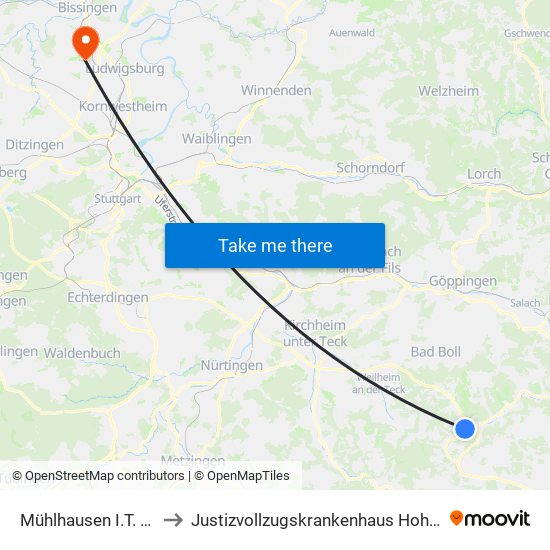 Mühlhausen I.T. Kirche to Justizvollzugskrankenhaus Hohenasperg map