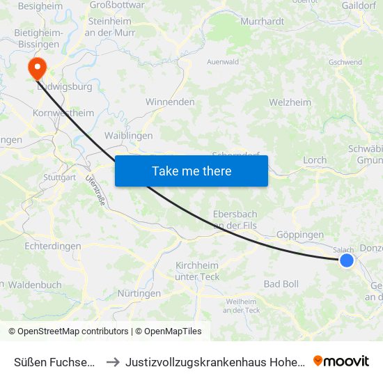 Süßen Fuchseckstr. to Justizvollzugskrankenhaus Hohenasperg map