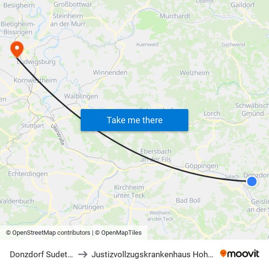 Donzdorf Sudetenstr. to Justizvollzugskrankenhaus Hohenasperg map