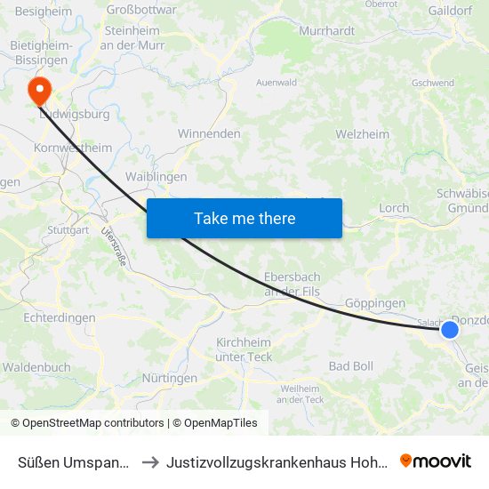 Süßen Umspannwerk to Justizvollzugskrankenhaus Hohenasperg map