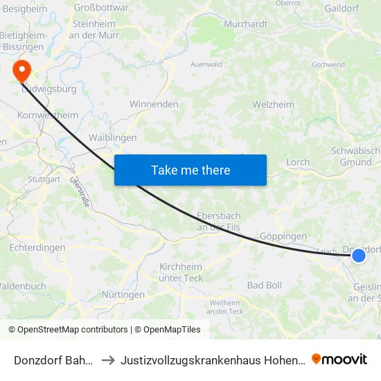 Donzdorf Bahnhof to Justizvollzugskrankenhaus Hohenasperg map