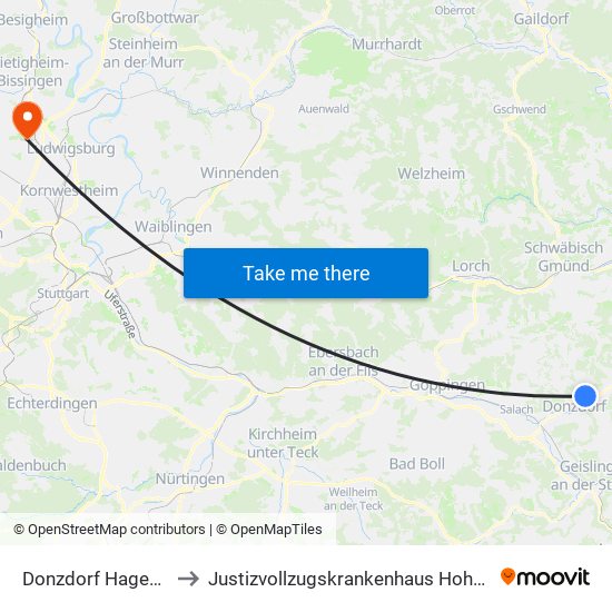 Donzdorf Hagenbuch to Justizvollzugskrankenhaus Hohenasperg map