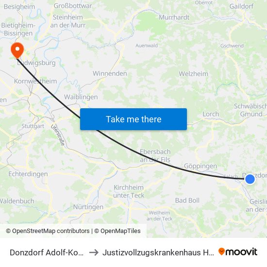 Donzdorf Adolf-Kolping-Str. to Justizvollzugskrankenhaus Hohenasperg map