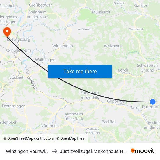 Winzingen Rauhwiesenstr. to Justizvollzugskrankenhaus Hohenasperg map