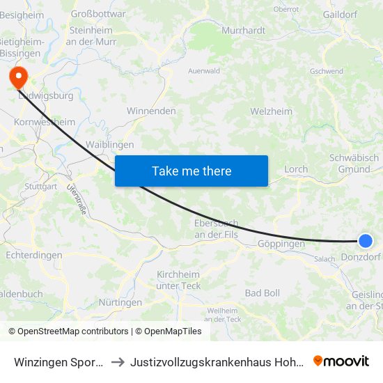 Winzingen Sportplatz to Justizvollzugskrankenhaus Hohenasperg map