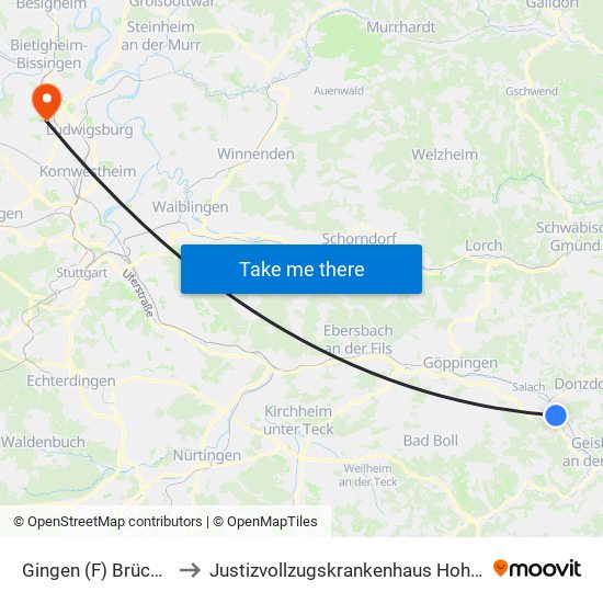 Gingen (F) Brückenstr. to Justizvollzugskrankenhaus Hohenasperg map