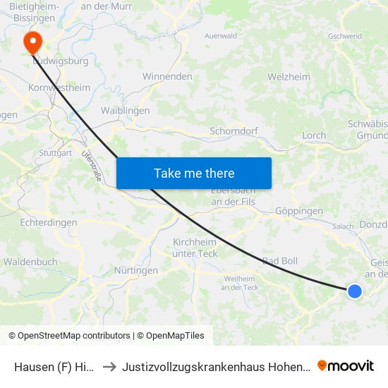 Hausen (F) Hirsch to Justizvollzugskrankenhaus Hohenasperg map