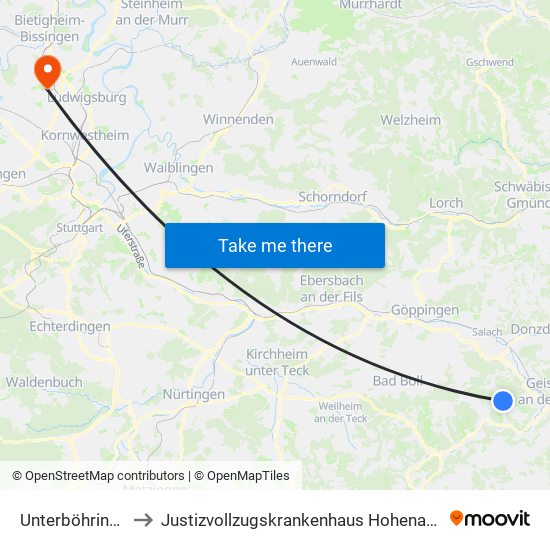 Unterböhringen to Justizvollzugskrankenhaus Hohenasperg map