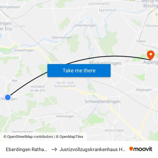 Eberdingen Rathausstraße to Justizvollzugskrankenhaus Hohenasperg map