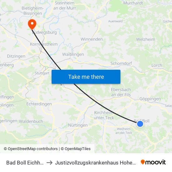 Bad Boll Eichhalde to Justizvollzugskrankenhaus Hohenasperg map
