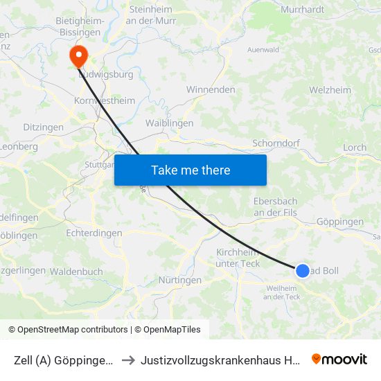 Zell (A) Göppinger Straße to Justizvollzugskrankenhaus Hohenasperg map