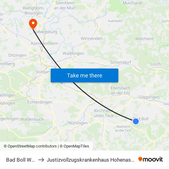Bad Boll Wala to Justizvollzugskrankenhaus Hohenasperg map
