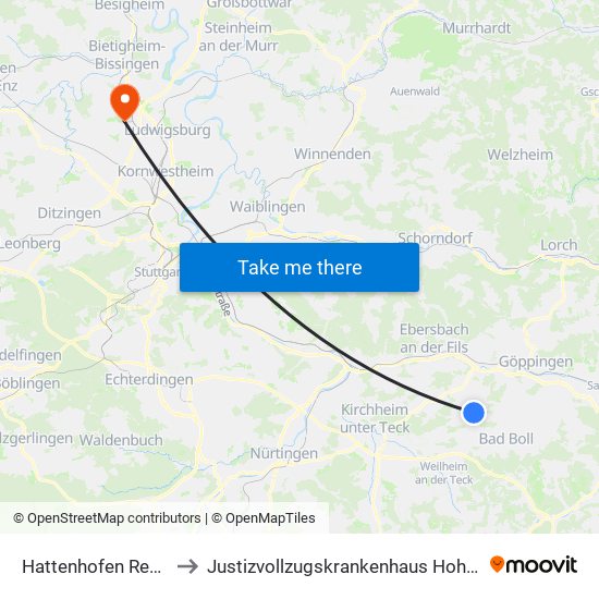 Hattenhofen Reustadt to Justizvollzugskrankenhaus Hohenasperg map