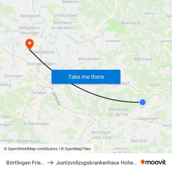 Börtlingen Friedhof to Justizvollzugskrankenhaus Hohenasperg map