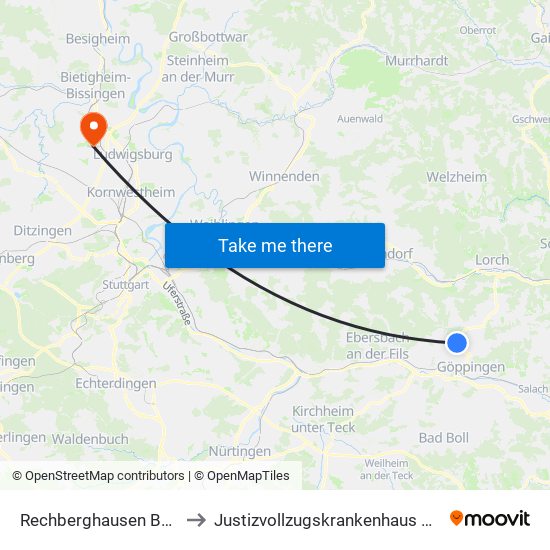 Rechberghausen Bergstraße to Justizvollzugskrankenhaus Hohenasperg map