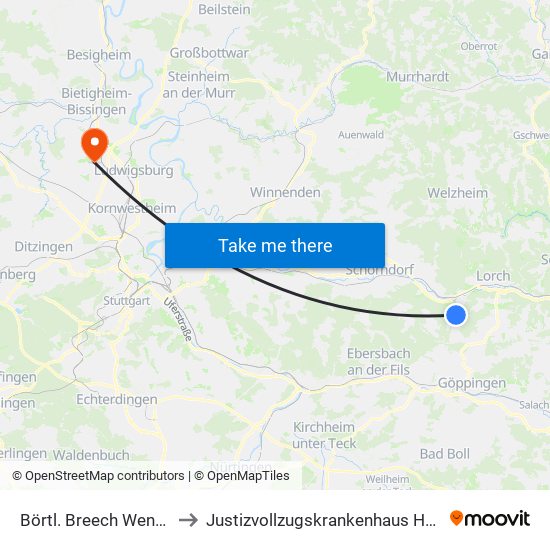 Börtl. Breech Wendeplatte to Justizvollzugskrankenhaus Hohenasperg map