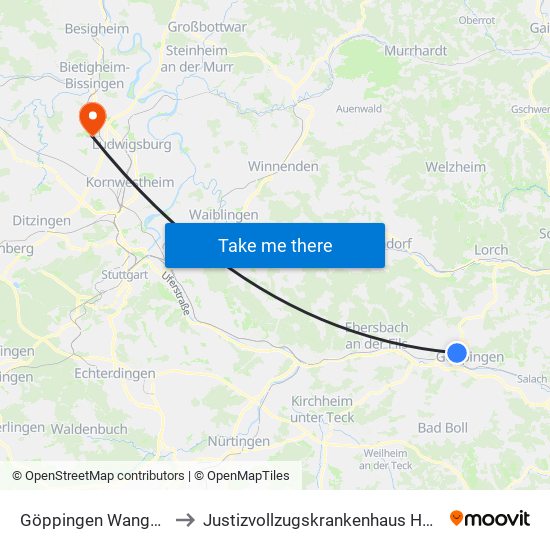 Göppingen Wangener Str. to Justizvollzugskrankenhaus Hohenasperg map
