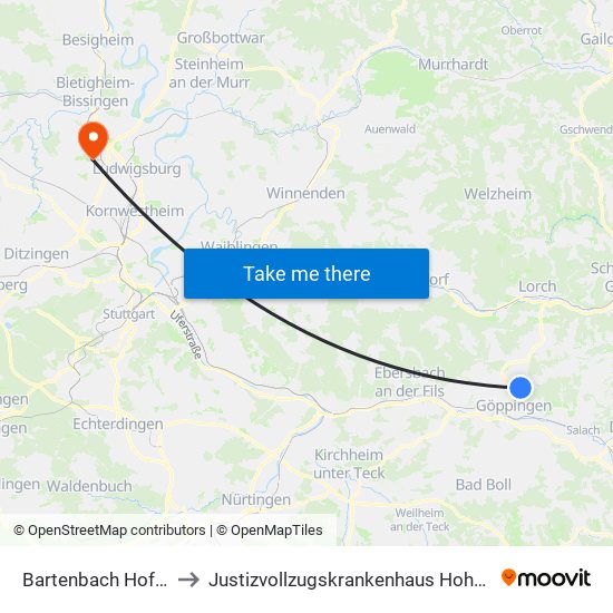 Bartenbach Hofhalde to Justizvollzugskrankenhaus Hohenasperg map
