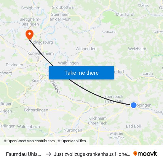 Faurndau Uhlandstr. to Justizvollzugskrankenhaus Hohenasperg map
