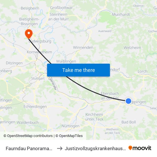 Faurndau Panoramastr./Bahnhof to Justizvollzugskrankenhaus Hohenasperg map