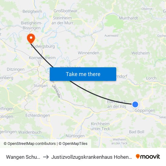 Wangen Schulstr. to Justizvollzugskrankenhaus Hohenasperg map