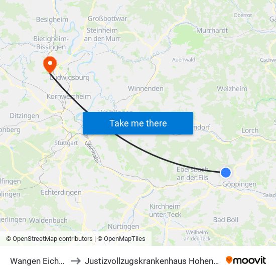 Wangen Eichbühl to Justizvollzugskrankenhaus Hohenasperg map