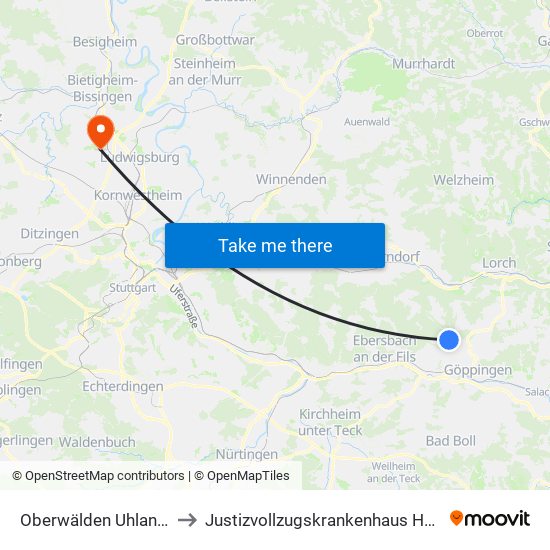 Oberwälden Uhlandstraße to Justizvollzugskrankenhaus Hohenasperg map