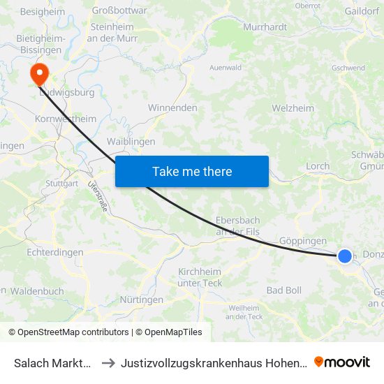 Salach Marktplatz to Justizvollzugskrankenhaus Hohenasperg map