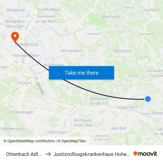 Ottenbach Adlerstr. to Justizvollzugskrankenhaus Hohenasperg map