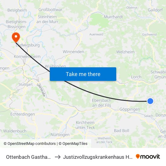 Ottenbach Gasthaus Krone to Justizvollzugskrankenhaus Hohenasperg map