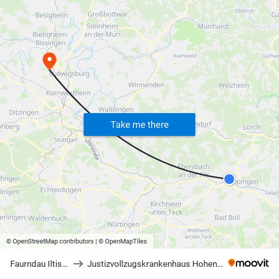 Faurndau Iltisweg to Justizvollzugskrankenhaus Hohenasperg map