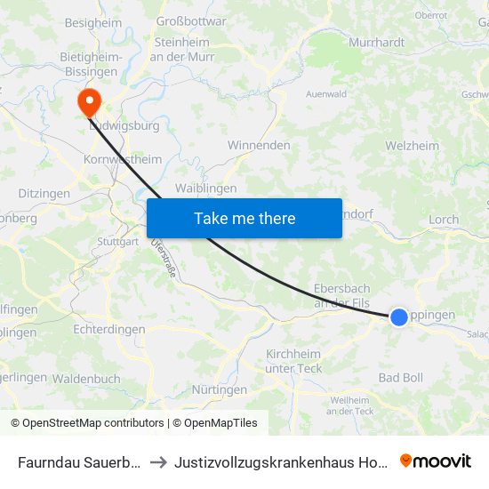 Faurndau Sauerbrunnen to Justizvollzugskrankenhaus Hohenasperg map