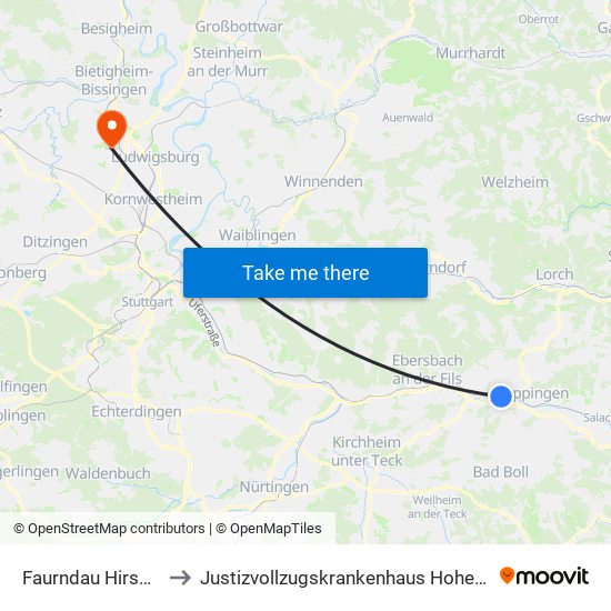 Faurndau Hirschstr. to Justizvollzugskrankenhaus Hohenasperg map