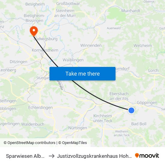 Sparwiesen Albstraße to Justizvollzugskrankenhaus Hohenasperg map