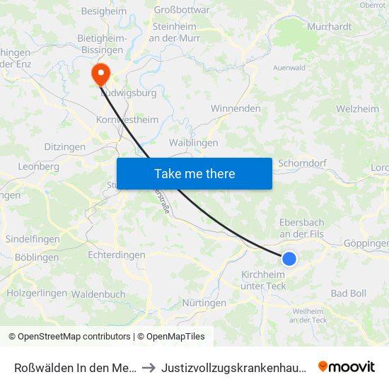Roßwälden In den Messenwiesen to Justizvollzugskrankenhaus Hohenasperg map