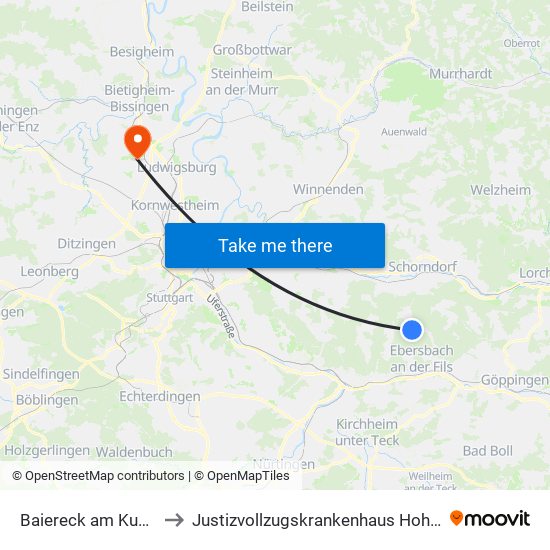 Baiereck am Kugelrain to Justizvollzugskrankenhaus Hohenasperg map