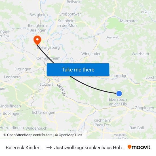 Baiereck Kindergarten to Justizvollzugskrankenhaus Hohenasperg map