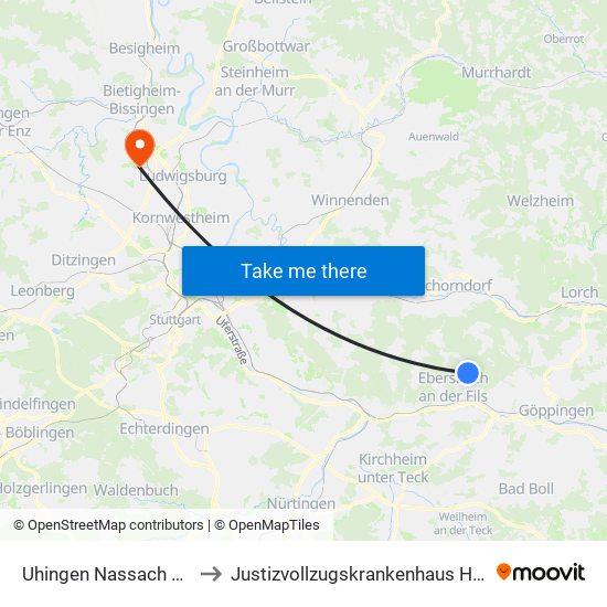 Uhingen Nassach Bolzplatz to Justizvollzugskrankenhaus Hohenasperg map