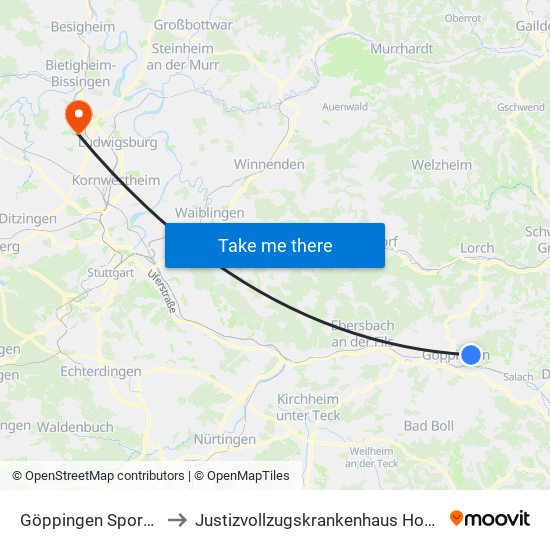 Göppingen Sportplätze to Justizvollzugskrankenhaus Hohenasperg map