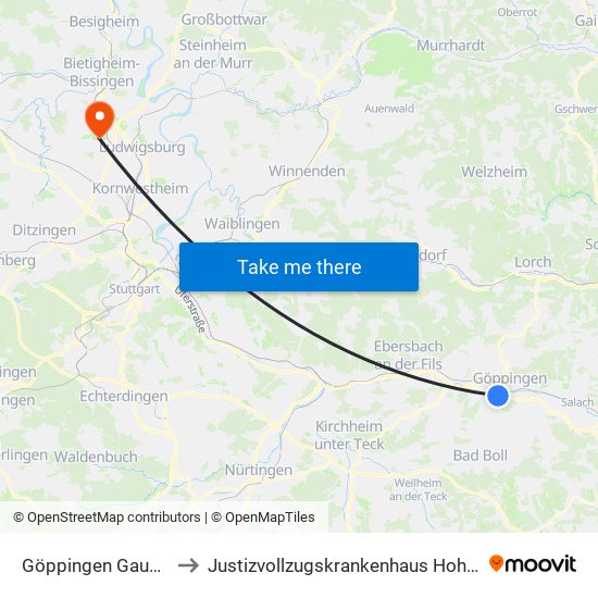 Göppingen Gaussweg to Justizvollzugskrankenhaus Hohenasperg map