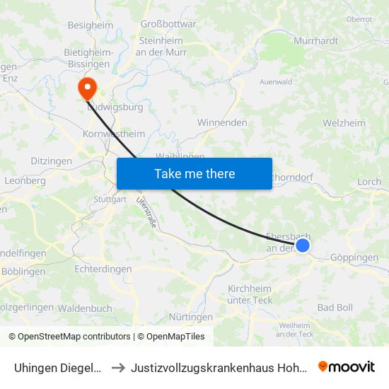 Uhingen Diegelsberg to Justizvollzugskrankenhaus Hohenasperg map