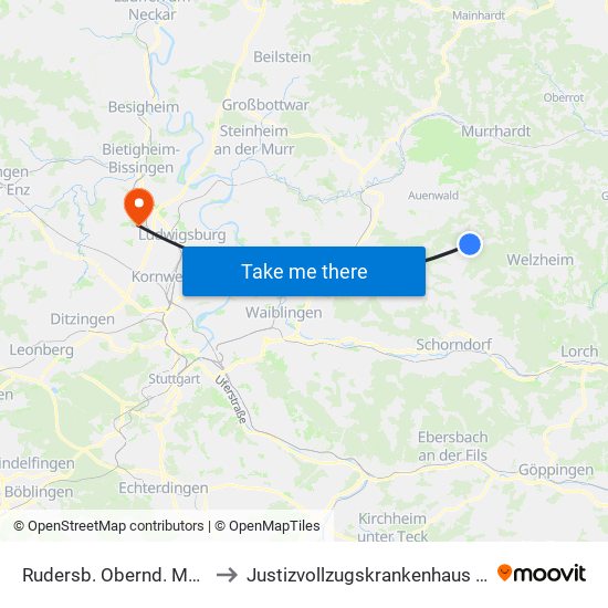 Rudersb. Obernd. Mannenb. Str. to Justizvollzugskrankenhaus Hohenasperg map