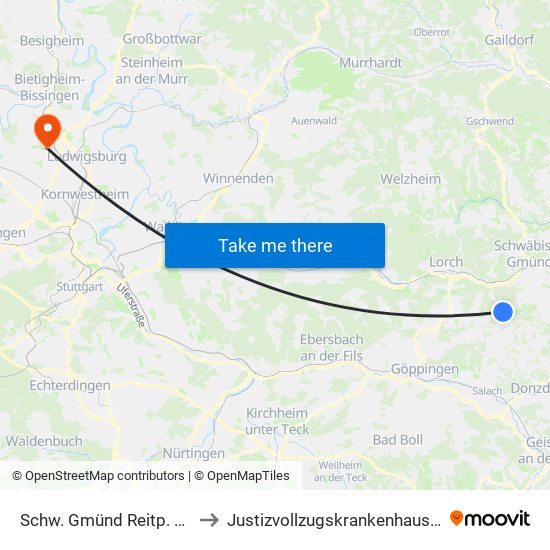 Schw. Gmünd Reitp. am Urspring to Justizvollzugskrankenhaus Hohenasperg map
