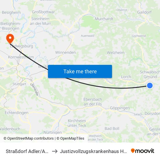 Straßdorf Adler/Apotheke to Justizvollzugskrankenhaus Hohenasperg map